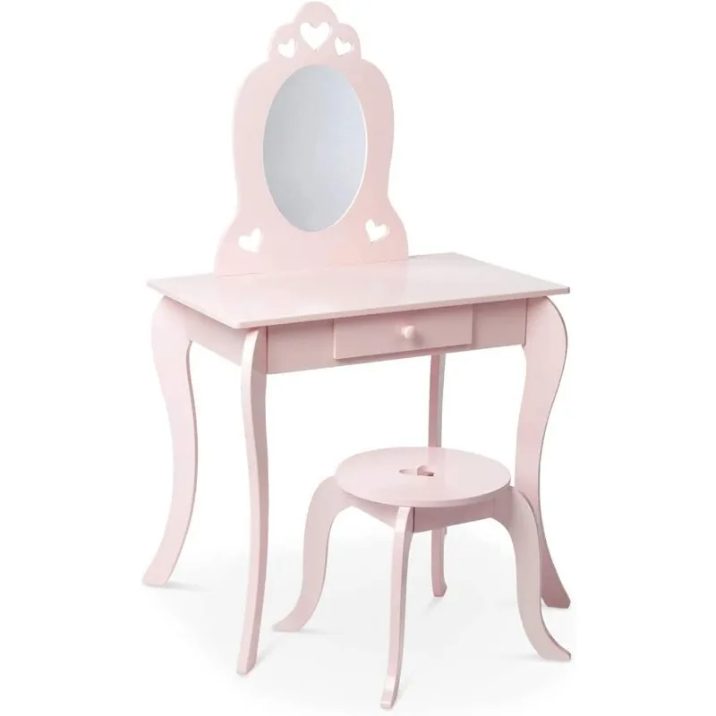 

Kids Vanity Set with Mirror and Stool, Beauty Makeup Vanity Table and Chair Set for Toddlers and Kids, Pink