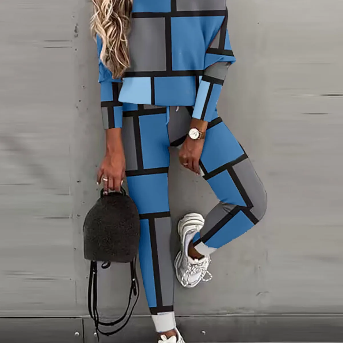Women Print Plaid Pant Sets Two Piece Off Shoulder Casual Full Sleeve Tops Pencil Pants Drawstring Slight Strecth Autumn
