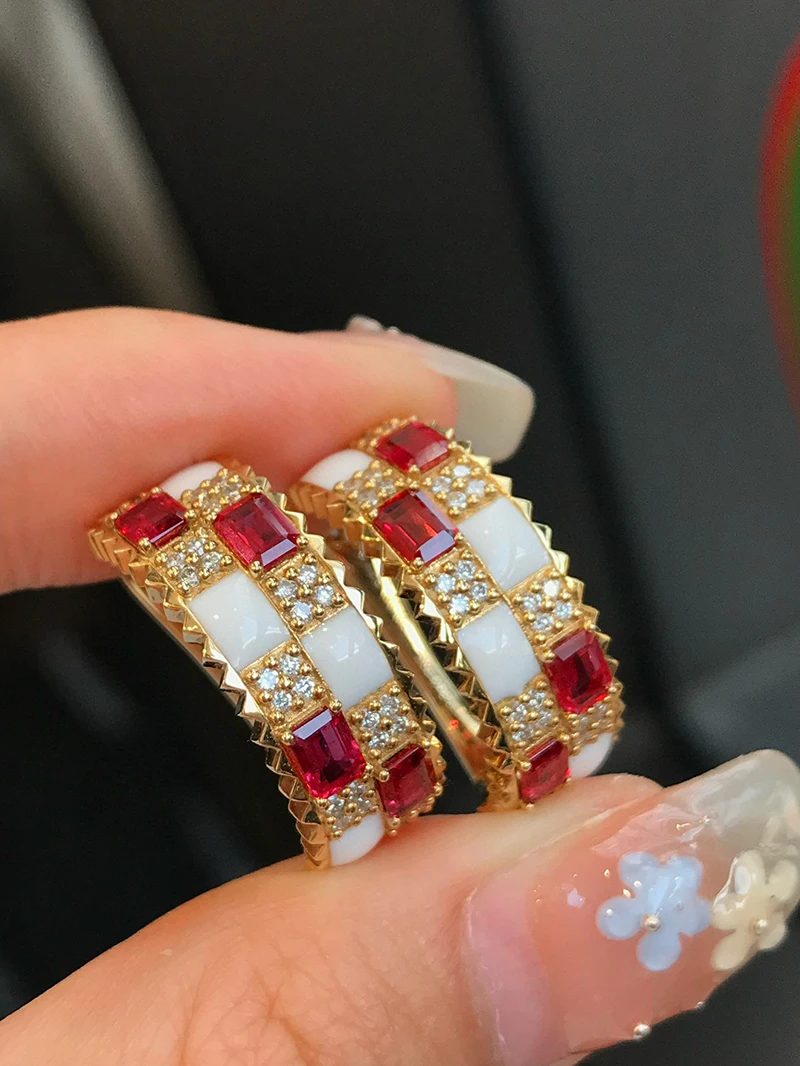 LUOWEND 100% 18K Yellow Gold Earrings Vintage Fashion Style Shiny Diamond Natural Ruby Hoop Earrings for Women Senior Banquet