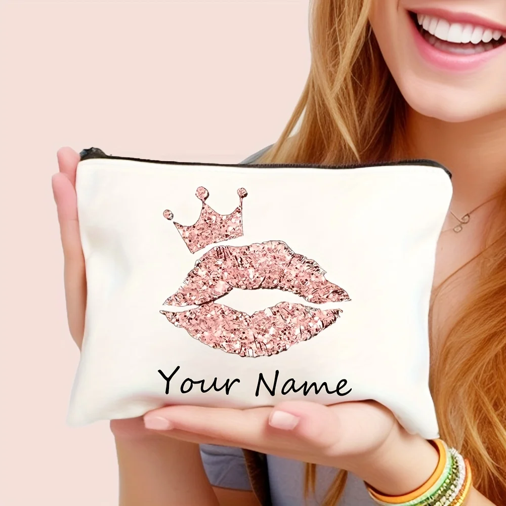Bolsa de Maquillaje Personalizada con Diseño de Labios con Purpurina Rosa y Estampado de Leopardo, Linda y Duradera, Ideal para Fiestas, Viajes y Compras