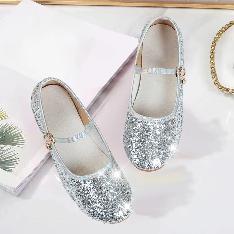 Girls Silver Crystal Soft Sole Princess Style Performance Dance Shoes Kids Sequins Shoes for Spring Autumn