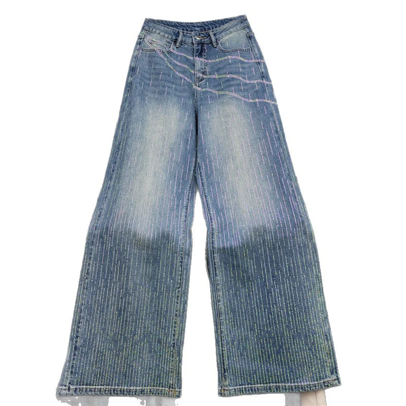 WTHT Trendy New Women's Heavy Industry Striped Diamonds Straight Jeans 2026 Spring High Waist Denim Pants Female 1LS2899