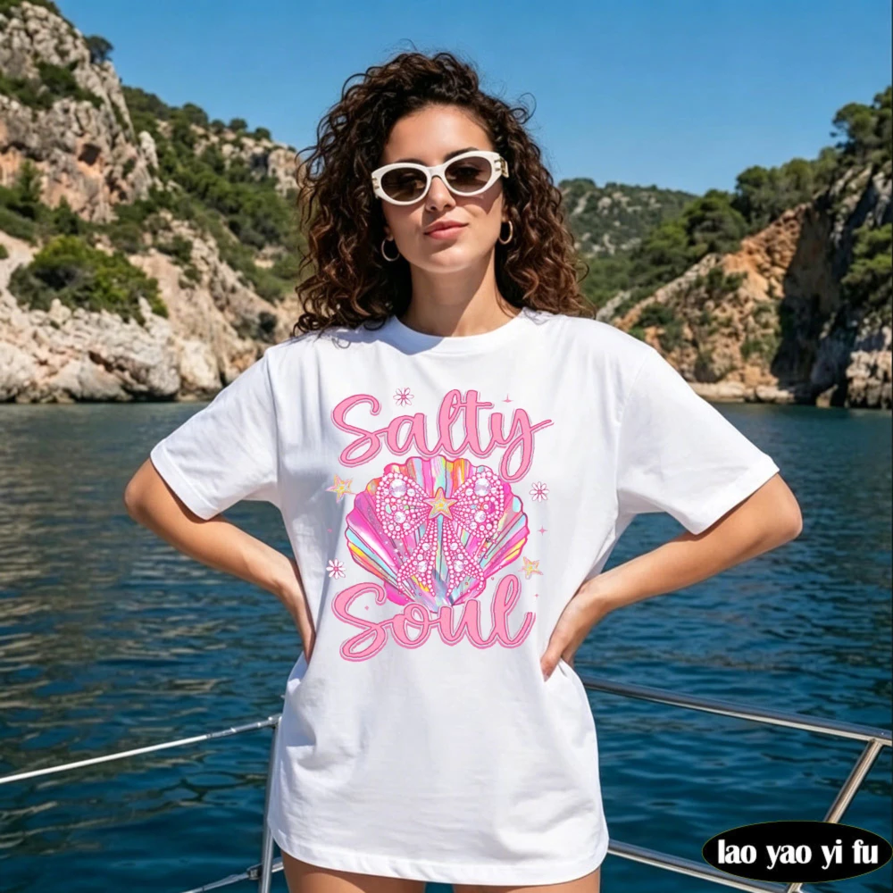 

Seashell Salty Soul Shirt Summer Vibes Tops Beach Vacation Tee Coastal Girl Aesthetic Tee Preppy Summer Woman Apparel