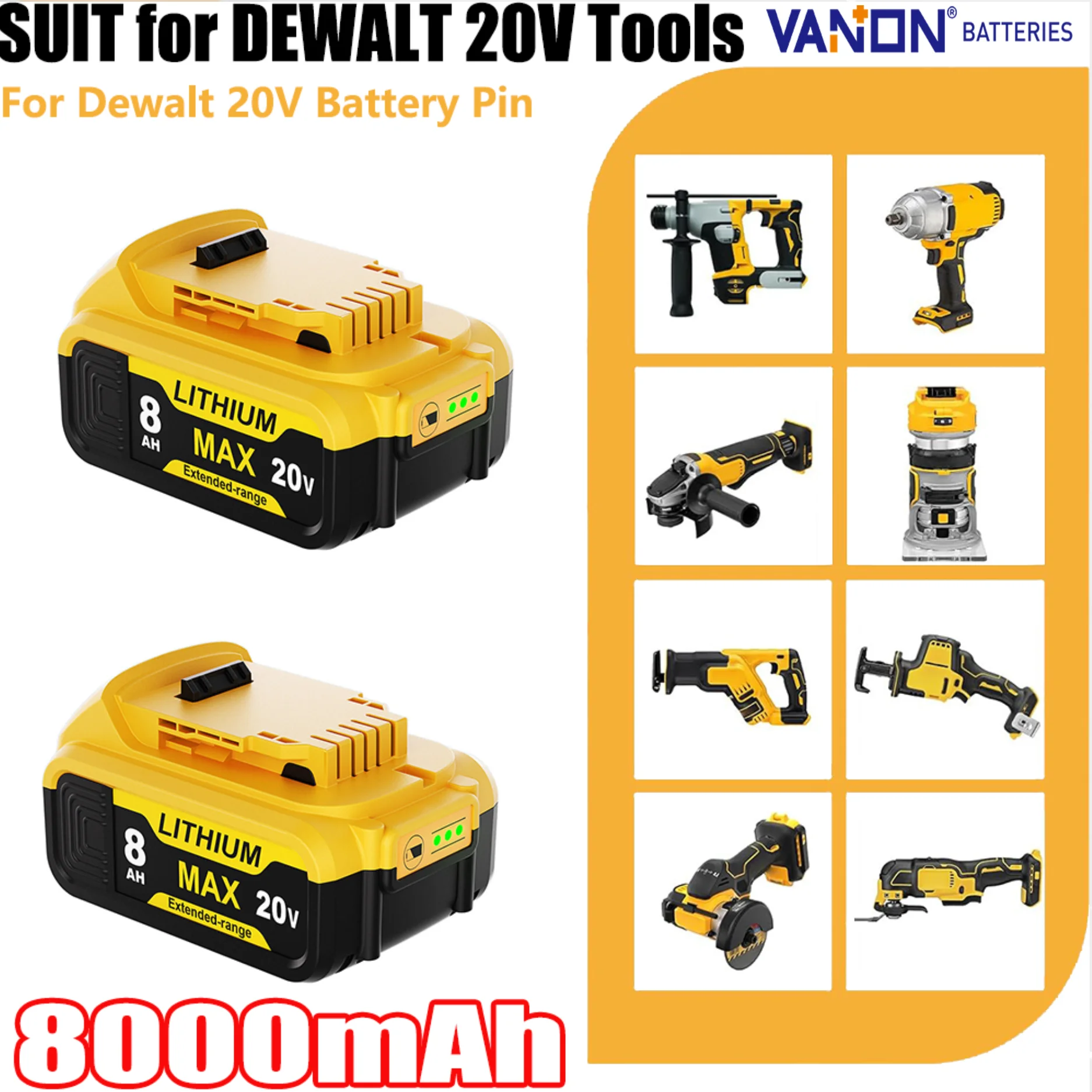 

VANON 2 упаковки DCB205 8,0 Ач замена для Dewalt DCB200 DCB201 DCB204 DCB206 20 В макс. штифт литий-ионного аккумулятора