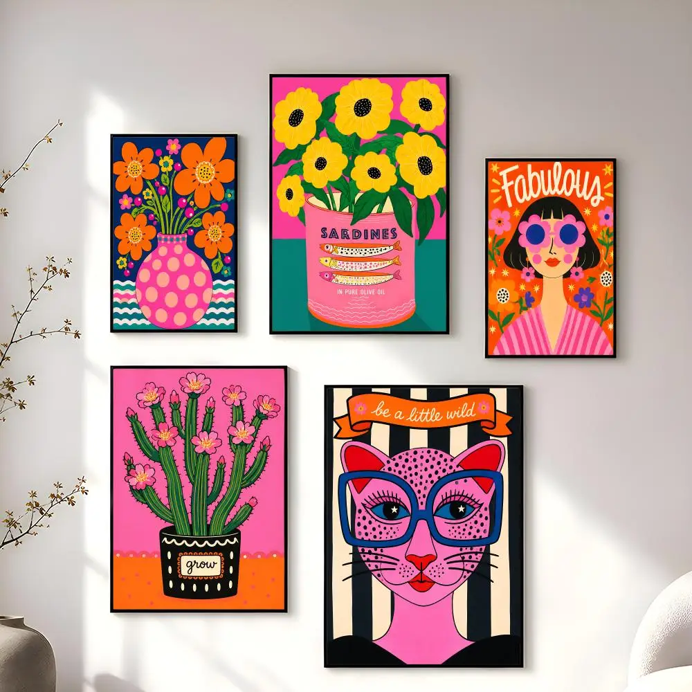 Leopard Lady Rainbow Flower Cup Poster Home Living Bed Room Bar Hallway Sticky Wall Printing Waterproof Aesthetic Decor