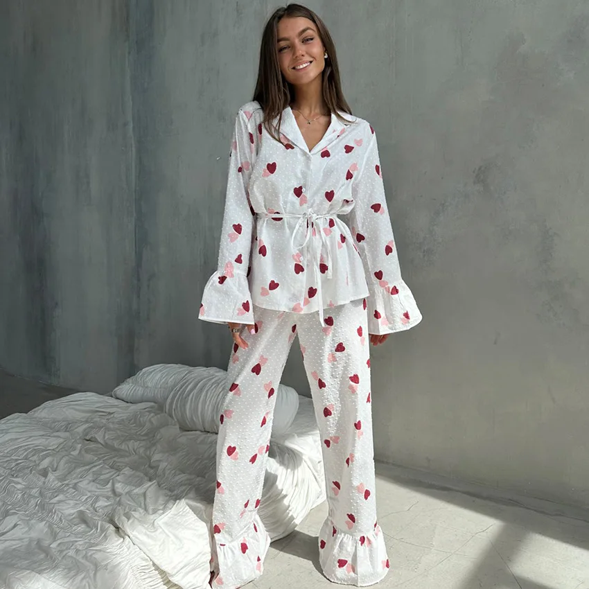 Love Print Women's Pajama Set Long Sleeve Spring Autumn Ladies Sleepwear 2 Pcs with Pant Lace Up Ruffles Home Clothes for Female