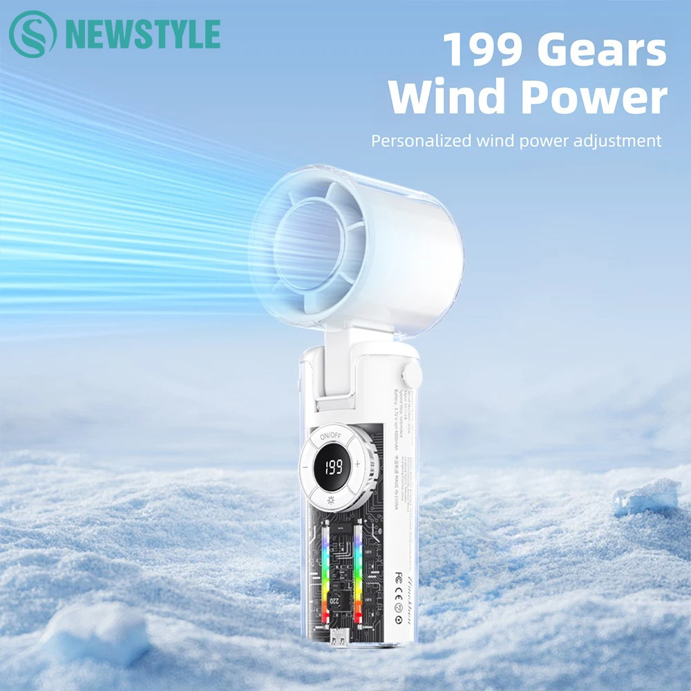 

Мини-настольный вентилятор, портативный складной ручной кулер, перезаряжаемый 199-скоростной светодиодный дисплей с атмосферным освещением, турбовентилятор для путешествий