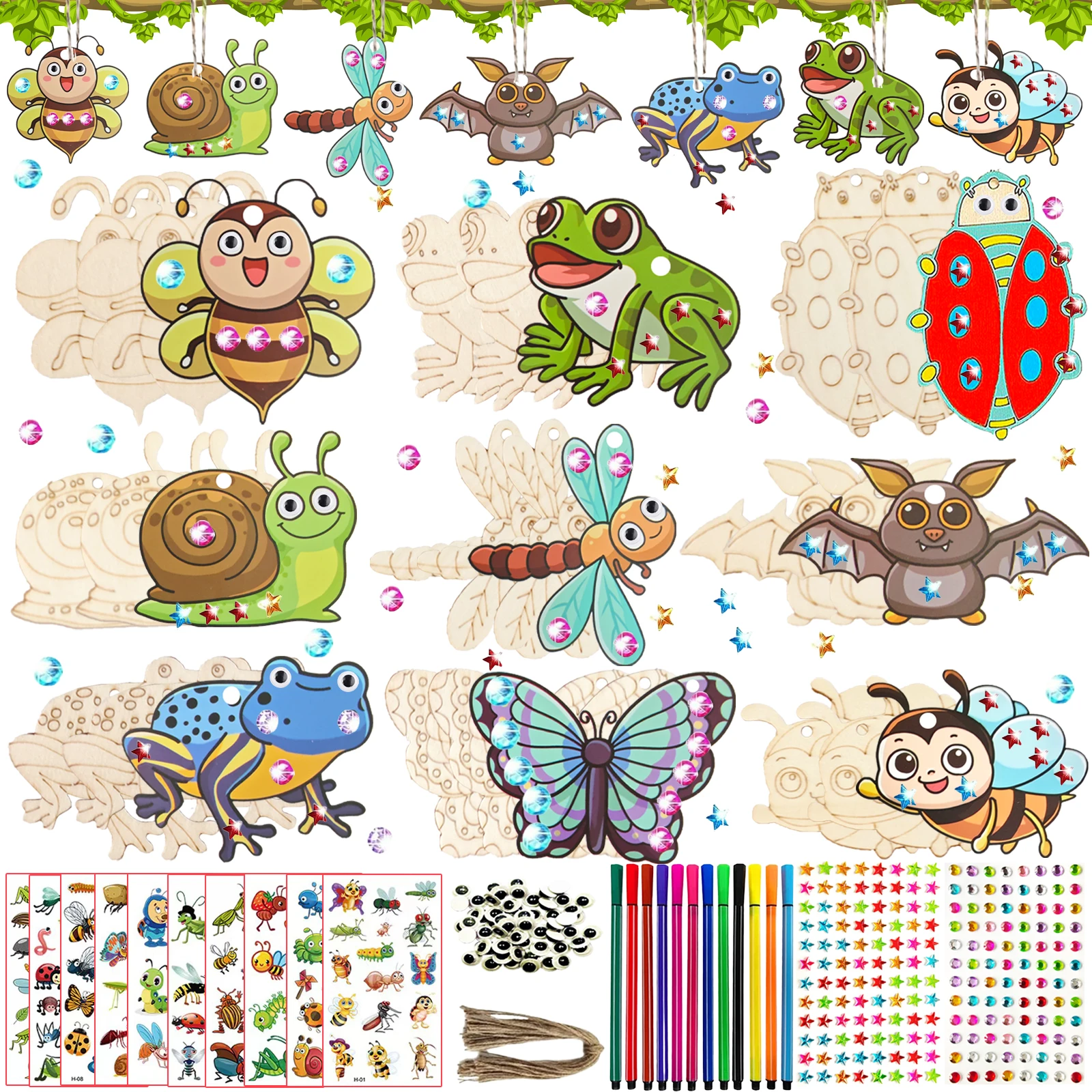 290pcs insect themed wooden crafts set, colorful wooden crafts, unfinished crafts set, DIY crafts set, ideal birthday gift