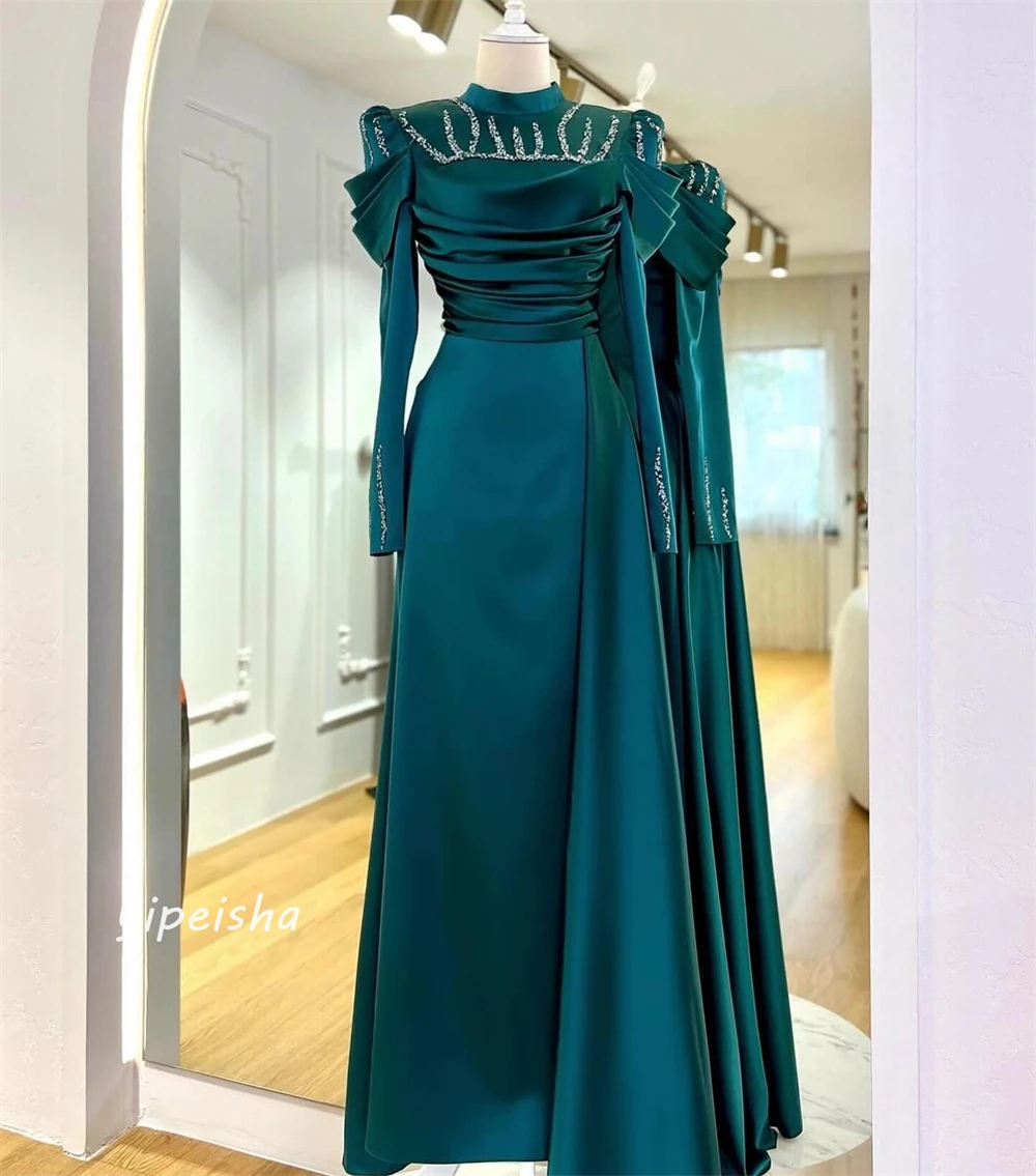 Robe Trapèze en Satin à Paillettes pour Femme, Vêtement à Col Haut, avec Perles Froncées, sur Mesure, pour Occasions