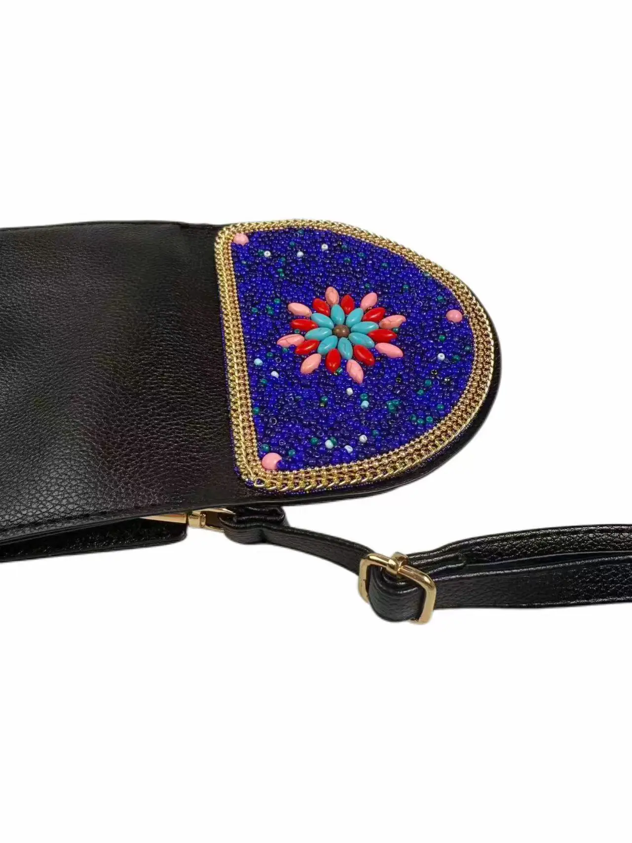 Blue sapphire handmade bead flip wallet three-dimensional floral fruit tree pattern golden chain edge