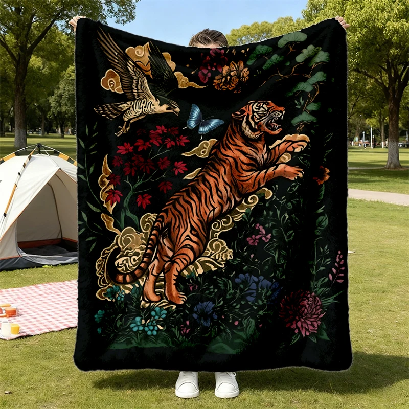 Retro Tiger Flannel Blanket, Animal Gift for Tiger Lover, Wild Cat Flannel Throw, Linocut Style, Boho, Cottagecore