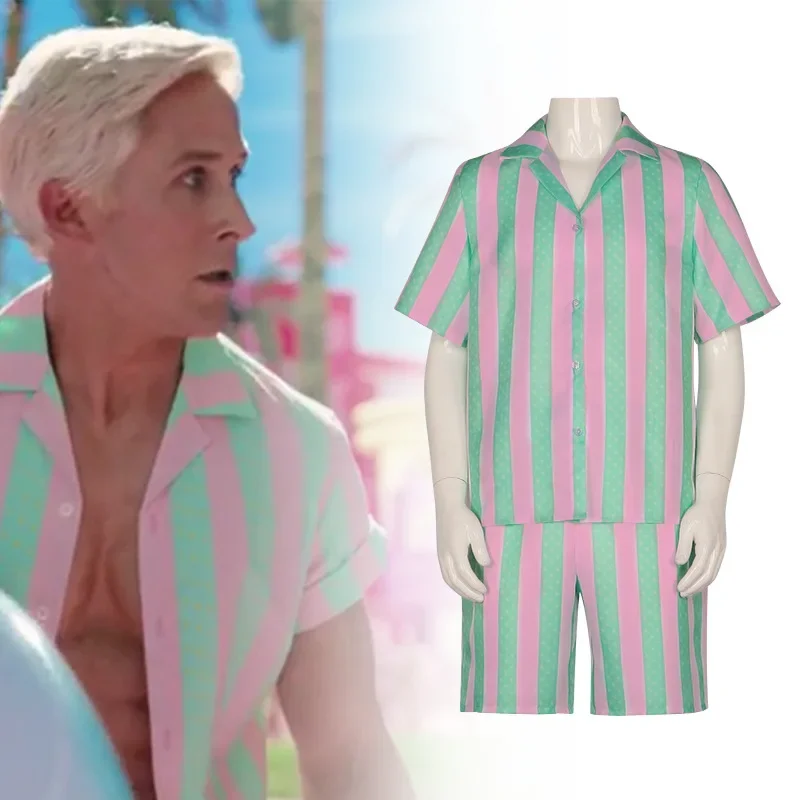 Ken Ryan Gosling cosplay Costume Set in Movie Stripe Pink Shirt and Shorts Set for Men Beach Wear Set Adult Costume