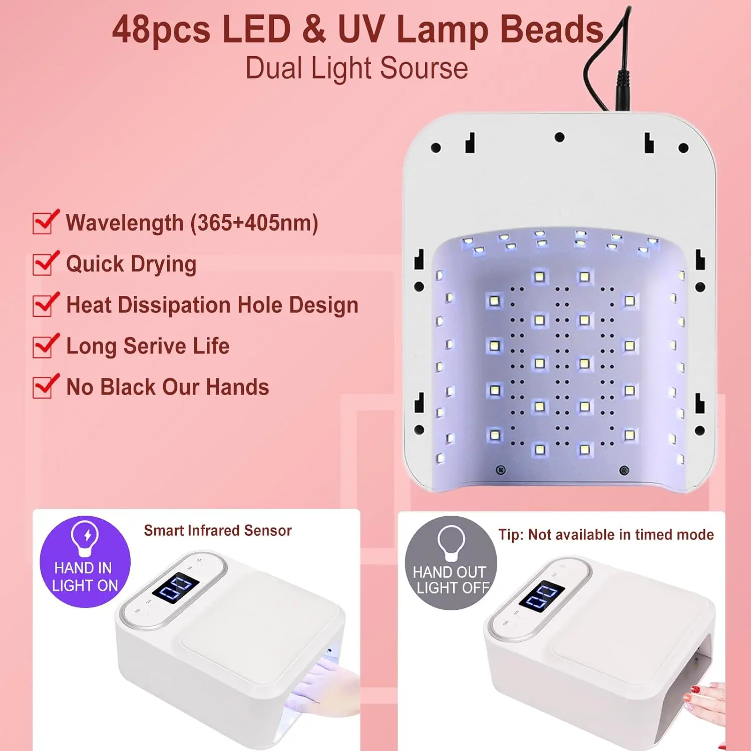 2-in-1 UV LED โคมไฟเล็บแขนหมอน 48W เครื่องเป่าเล็บสําหรับเจลเล็บ Professional UV Light พร้อมจอแสดงผล LCD สําหรับเล็บ Salon