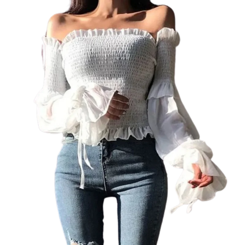 Summer Sexy Off Shoulder Blouse Women Puff Sleeve Pleated Lace Up Casual Shirt Spring Slim Solid Ladies Corset Tops Blouse 12813