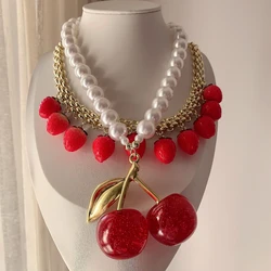 3pcs, Elegant Imitation pearl big cherry pendant necklace for gifts red strawberry stainless steel chain chunky necklaces