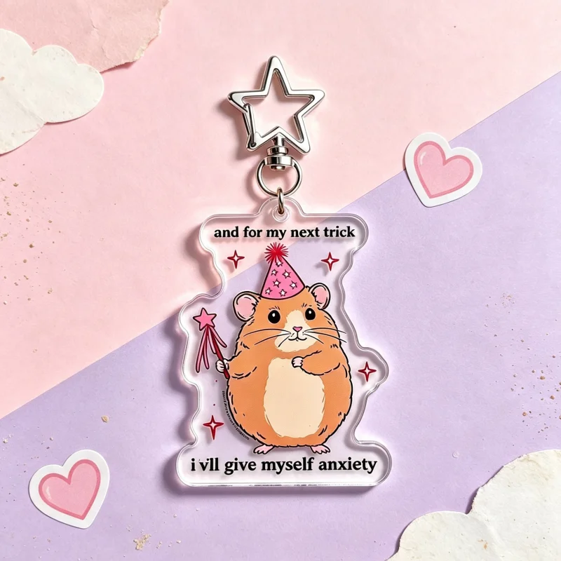And For My Next Trick I'll Give Myself Anxiety Hamster Acrylic Keychain Funny Sarcastic Meme Bag Charm Stress Relief Gift