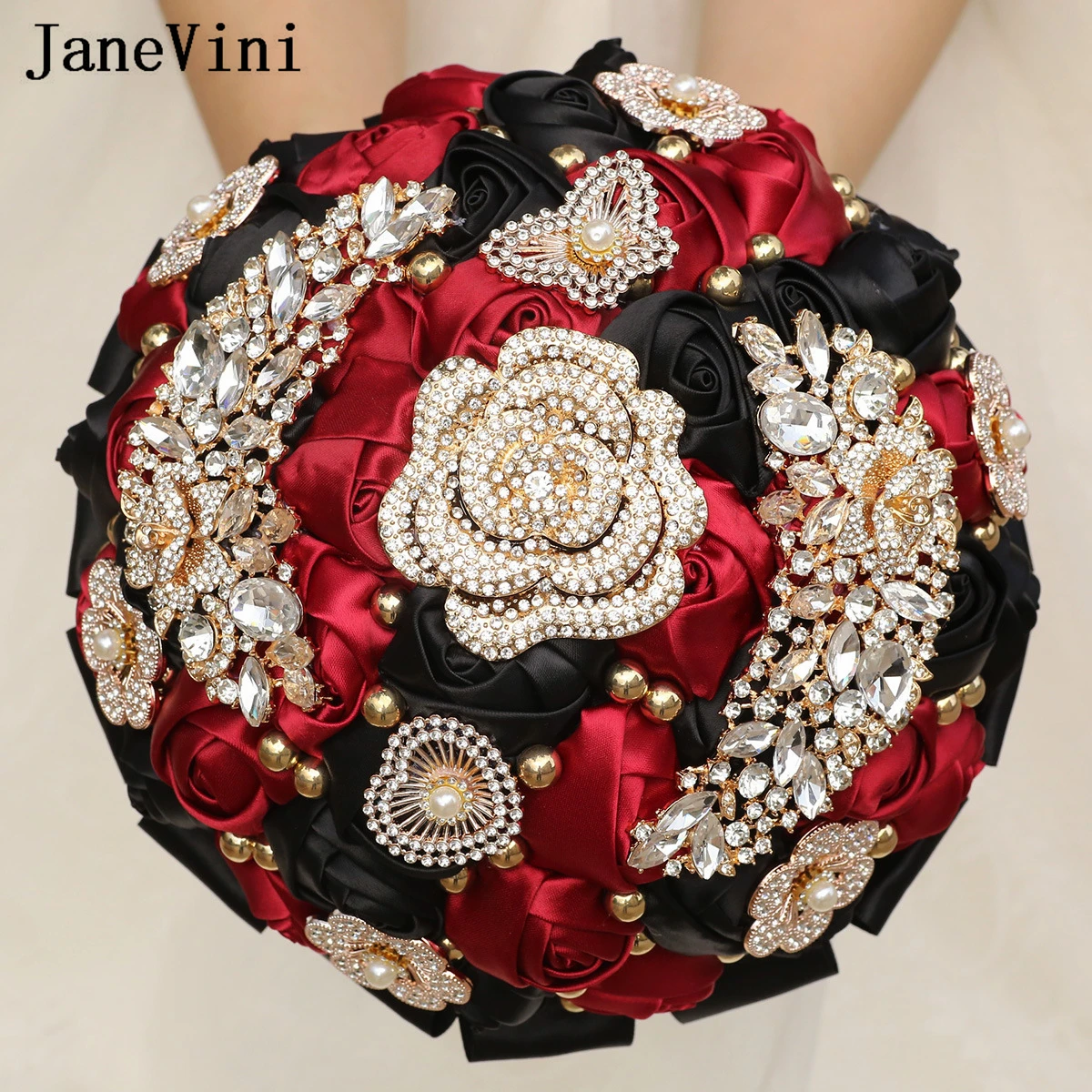 JaneVini Luxury Black Dark Red Rose Wedding Bouquet Bride Flowers Handmade Custom Rhinestones Crystal Bridal Bridesmaid Bouquets
