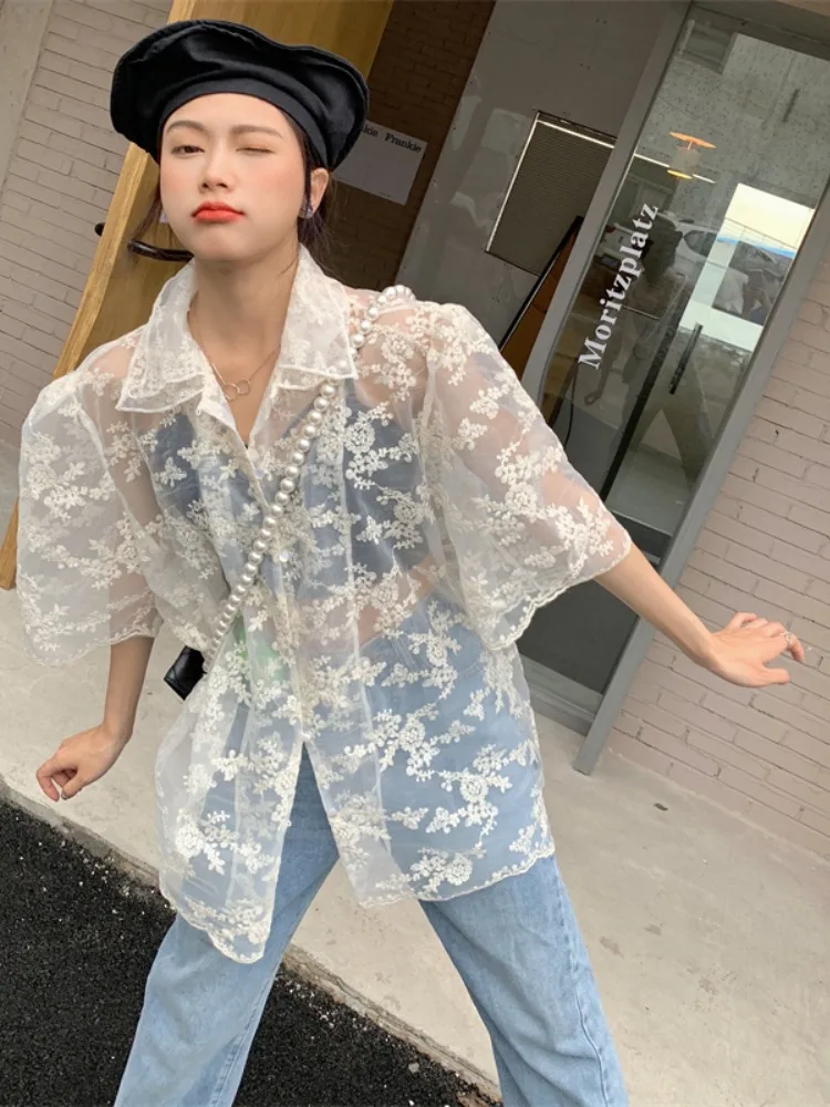 Summer Vintage See Through Temperament Blouses for Women Turn Down Collar Oversized Shirts Fashion Lace Embroidery Blouse Tops