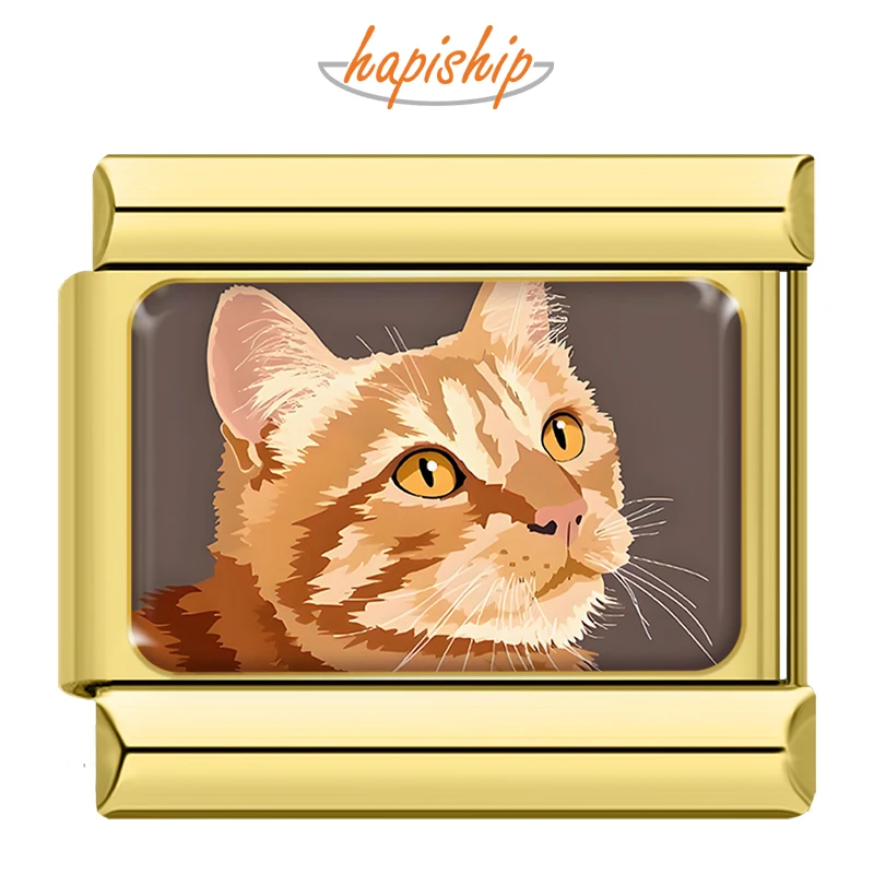 Hapiship 2024 Damen Neue Goldene Niedliche Katzen-Italienische Charm-Perlen Passend für 9mm Armband Edelstahl DIY-Schmuck Geschenk TZ015