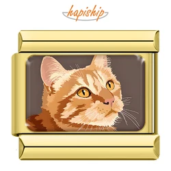 Hapiship 2024 Women's New Golden Cute Cat Italian Charm Beads Fit 9mm Bracelet Stainless Steel DIYJewelry Gift TZ015