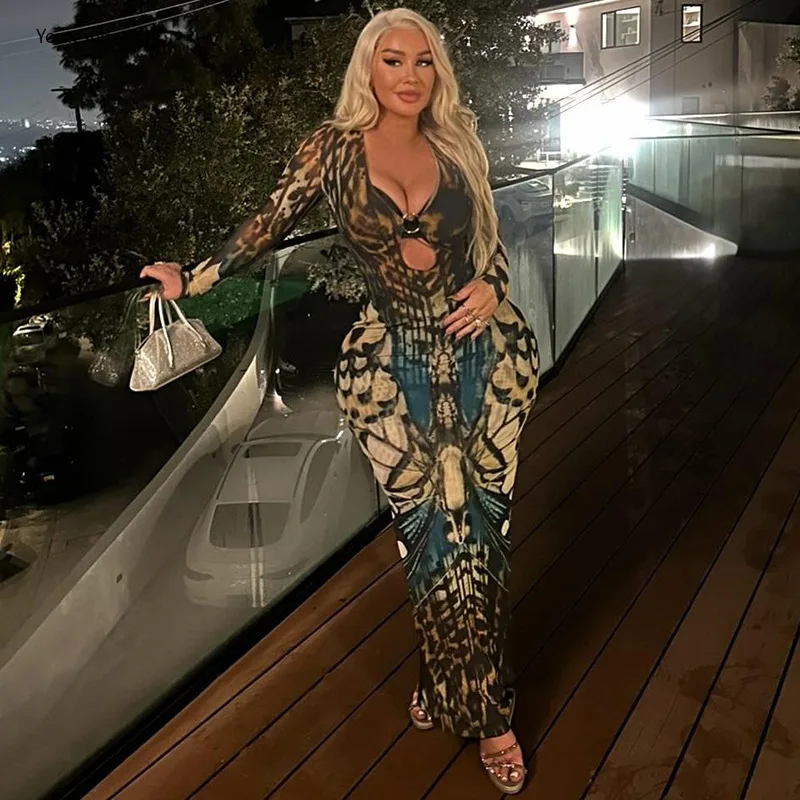 فستان ماكسي نسائي من Yomesugar مطبوع عليه فراشة أنيق برقبة على شكل حرف v وحلقة معدنية مجوفة وأكمام طويلة ملابس نادي منتصف الليل #2