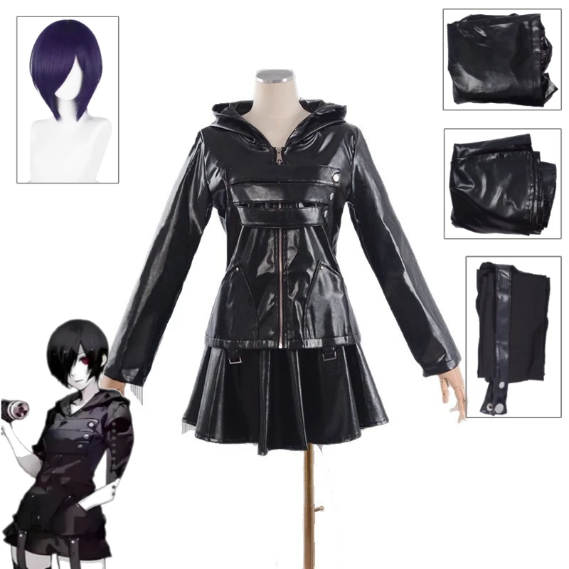

Touka Kirishima Cosplay Costume Battle Outfit black Hoodie Grey Pants Rabbit Mask Full Set for Women Halloween