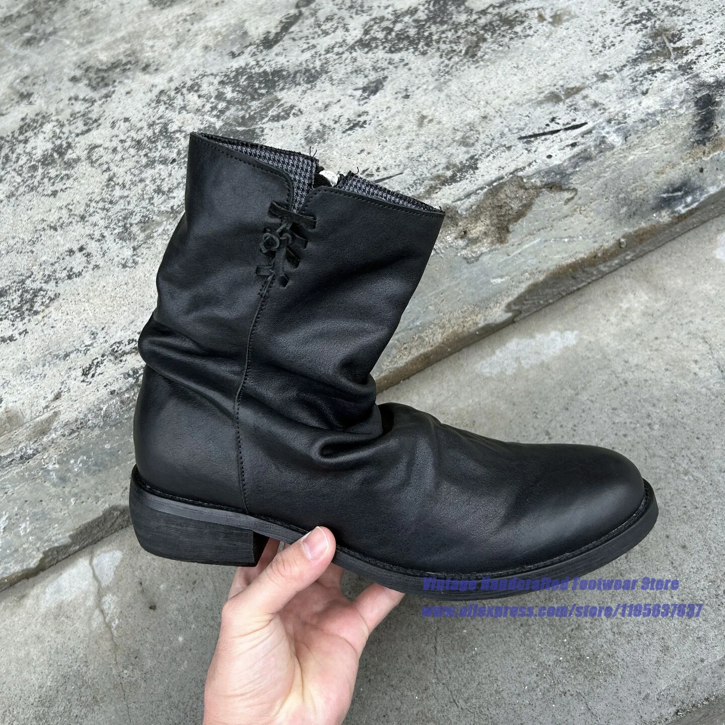 Back Lace-Up Ruched Leather Men's Ankle Boots Round Toe Low Block Heel Leather Gothic Short Boots Handcrafted Men's Boots