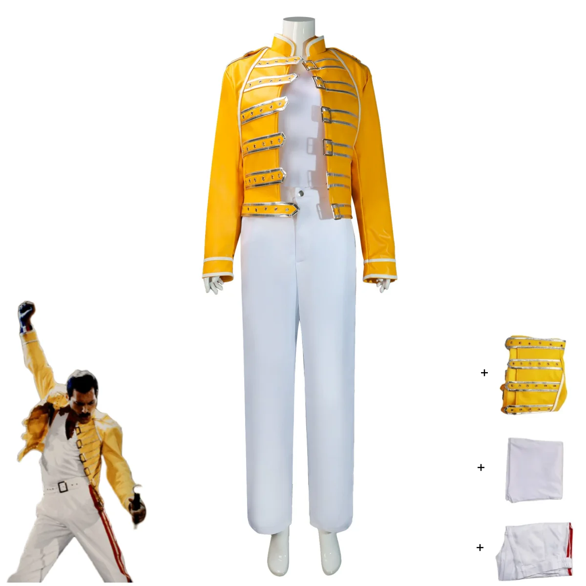 

Костюм для косплея Queen Lead Vocals Freddie Mercury, бал-маскарад, желтое пальто из искусственной кожи, полный комплект, униформа для мужчин и женщин, карнавальный костюм