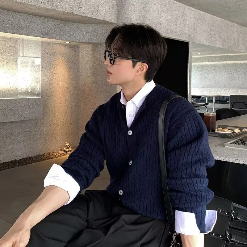

Men's Knitted Cardigan Sweater Spring Autumn Sle Boy's Knitwear Neutral Twist Pattern Korean Version Hard Polyester Fiber