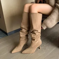 Women Pointed Toe Thin High Heels Ankle Boots Autumn Fashion Pleated Cowboy Women Faux Suede Woman Slip on Western Botas