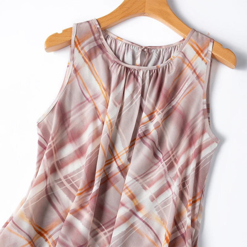 Damen-Trägerkleid aus Seide, 100 % Maulbeerseide, Kreppseide, 16 Momme, rosa Karos, bedruckt, ärmellos, A-Linie, Midikleid, Bürodame M1316