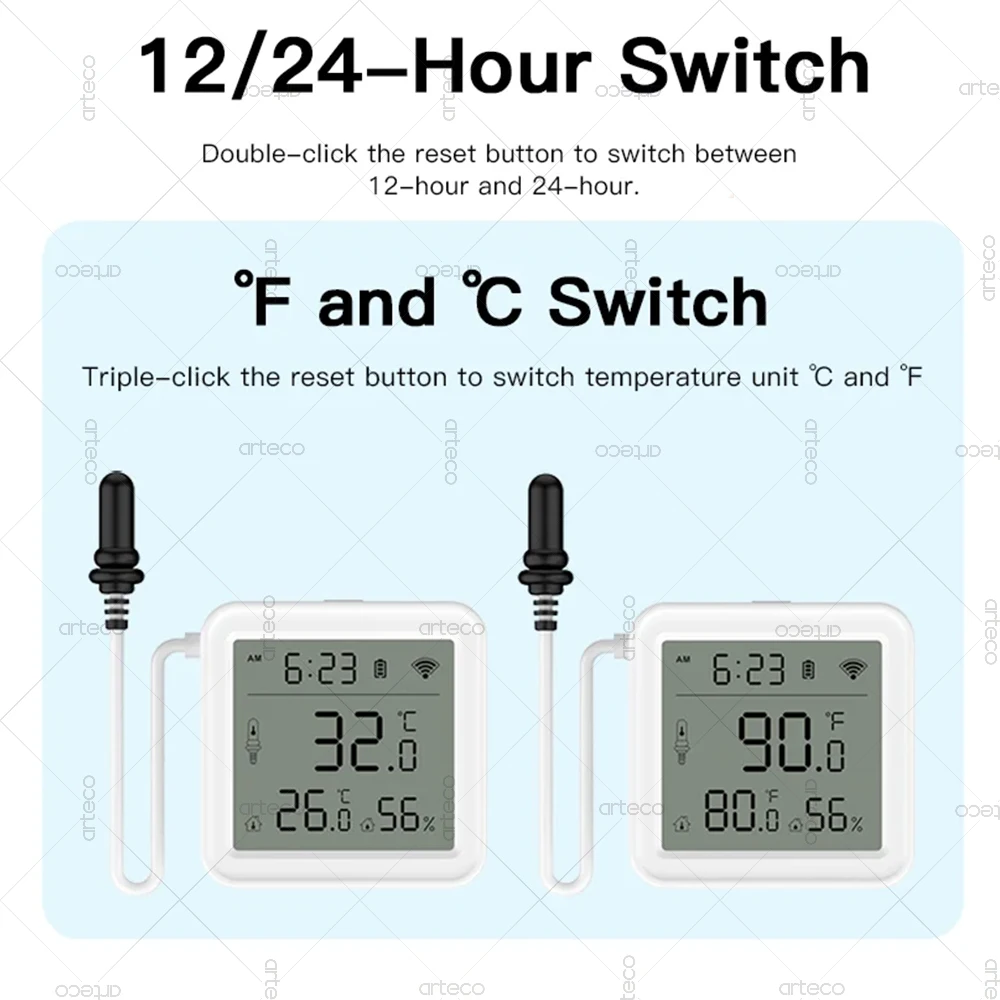 Tuya WiFi Zigbee مستشعر درجة الحرارة والرطوبة مع مسبار خارجي شاشة LCD رقمية مقياس الرطوبة الحراري، صوت عبر Alexa Google Home