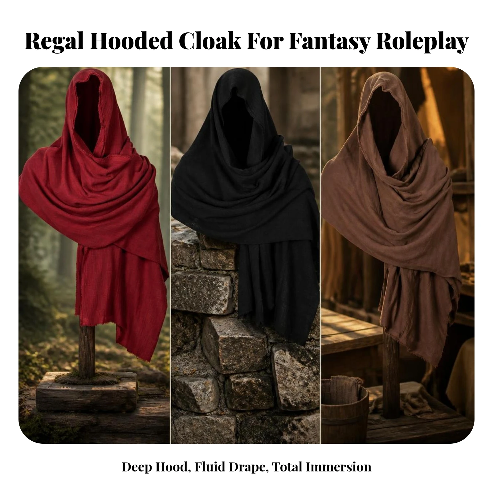 Hooded Cloak Comfortable Linen Cloak Cape Long-Lasting Costume Authentic for Cosplayers, Medieval Fairs, Halloween