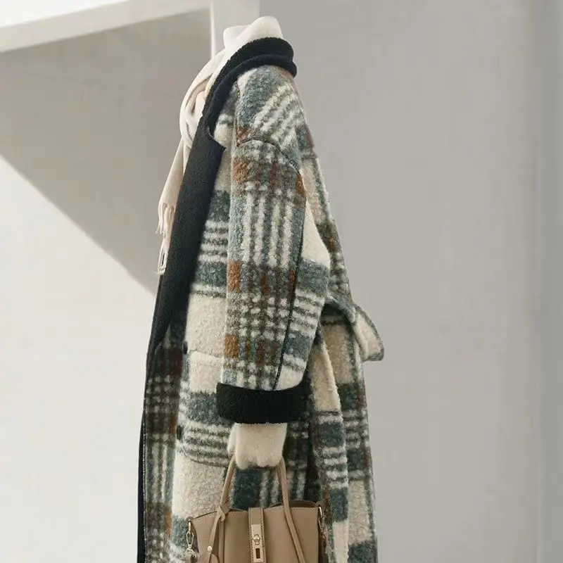 High End Retro Double-Sided Plaid Long Coat For Women In Autumn And Winter, Lambhair Lapel Splicing Loose Jacket