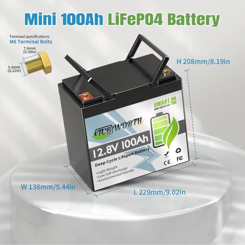 12V Lithium Battery 100Ah Mini, Rechargeabel Deep Cycle LiFePO4 Batteries, 100A Bluetooth BMS with Low-Temp Protection
