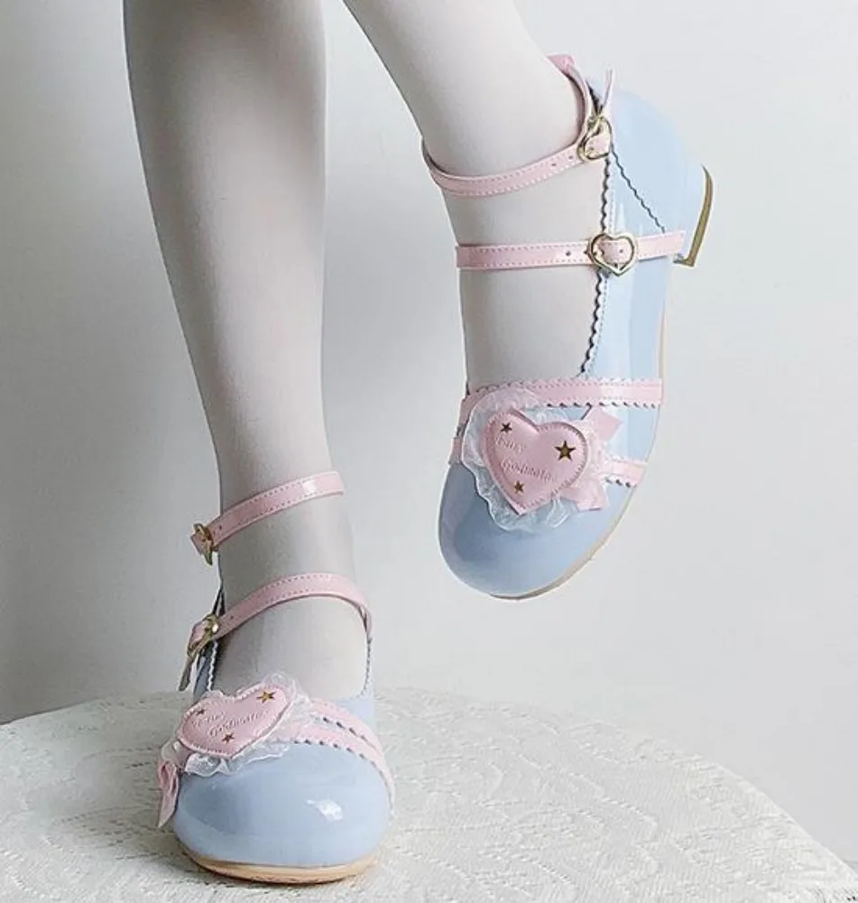 Japanese Sweet College Style Victorian Girl Shoes Cosplay Lolita Kawaii Lace Love Lotus Leaf Star Letter Buckle 2.5-4.5cm Shoes