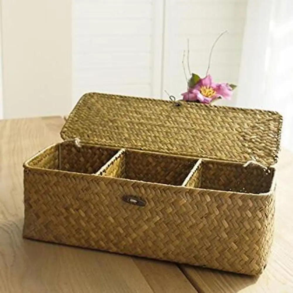 

Handmade Hand Woven Storage Baskets Rectangular with Lid 3 Grid Handwoven Storage Basket Dustproof Rattan Divider Storage Box