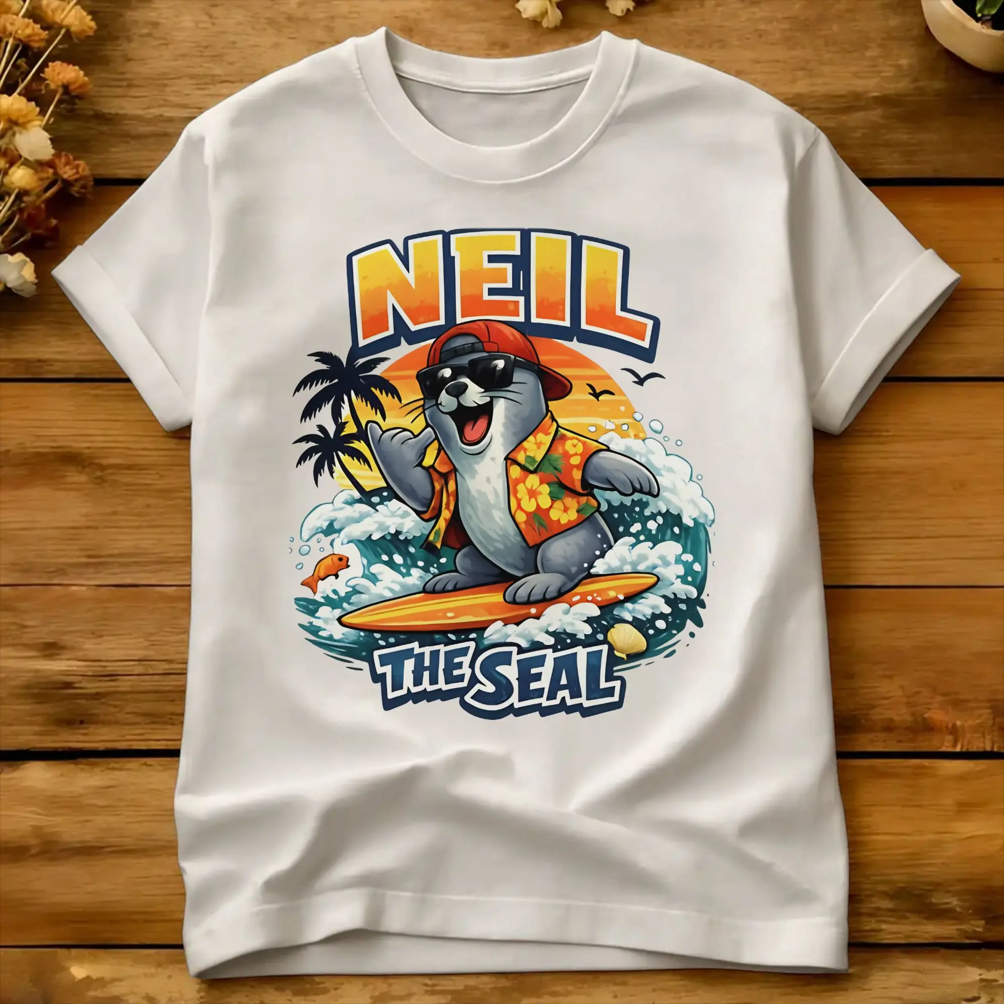 Men's Neil The Seal Surfing Retro Sunset Hawaiian Fun Beach Animal  T Shirts  Cotton Tees Summer Aesthetic Short Sleeve T Shirt