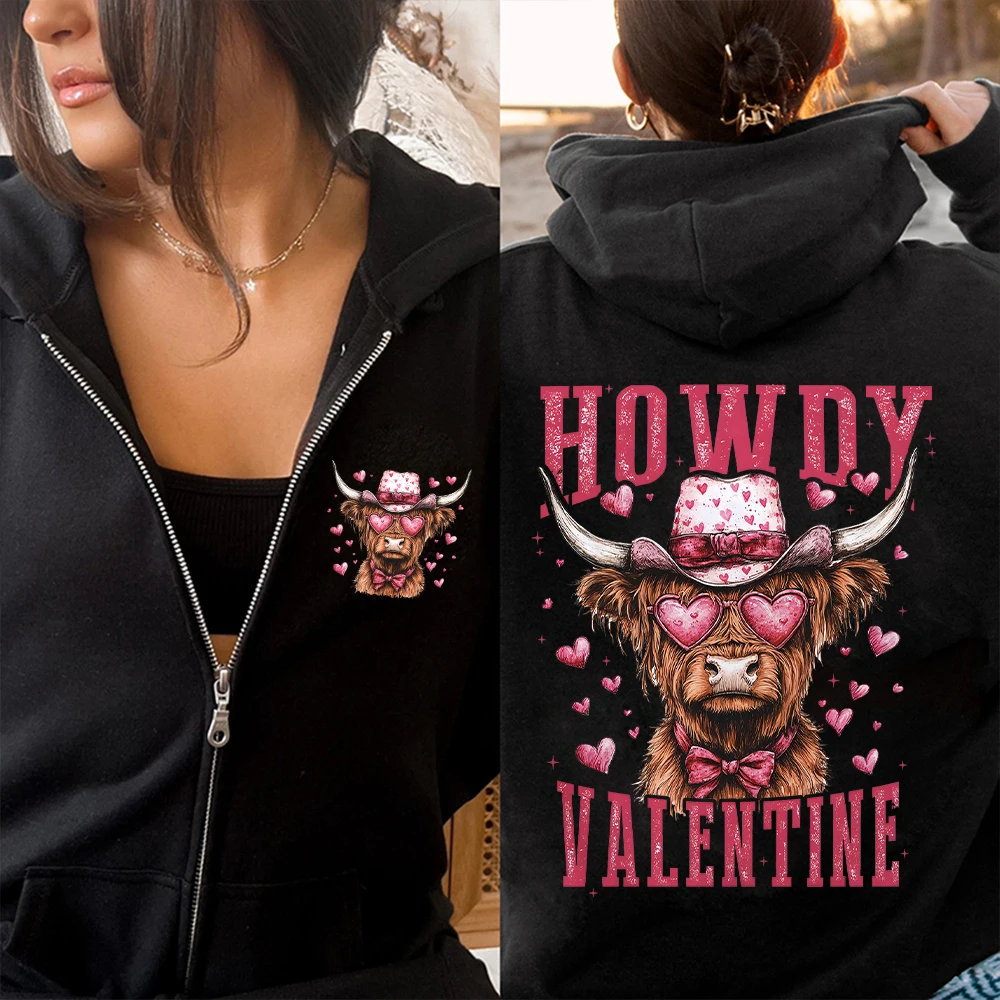 Howdy Valentine Zip Up Hoodies for Women Highland Cow Coquette Hoodies Love Clothes Valentines Design Women Hooded Sweatshirts