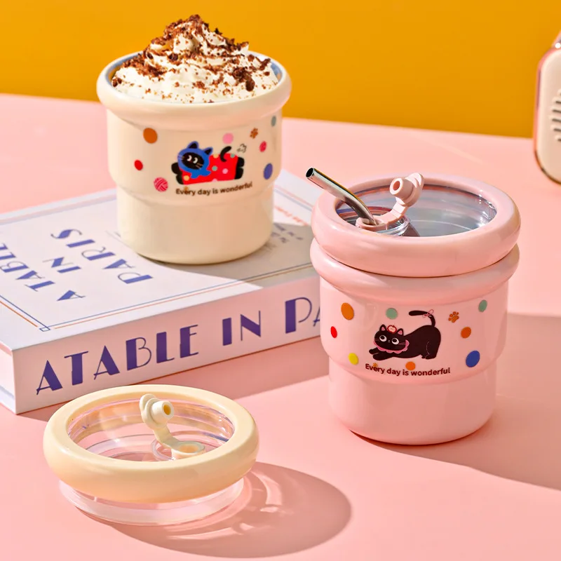 

Stainless Steel Water Cup with Lid Straw Cute Cartoon Household Office Milk Tea Coffee Cup Drinkware Home Decoration 2025 New
