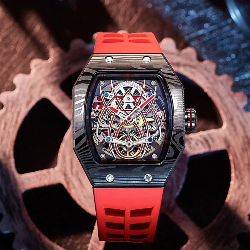 

JINLERY Tonneau Richard Men Spider Edition Sapphire Crystal Wrist Watch Automatic Mechanical Movement Luxury Rubber Strap Clock