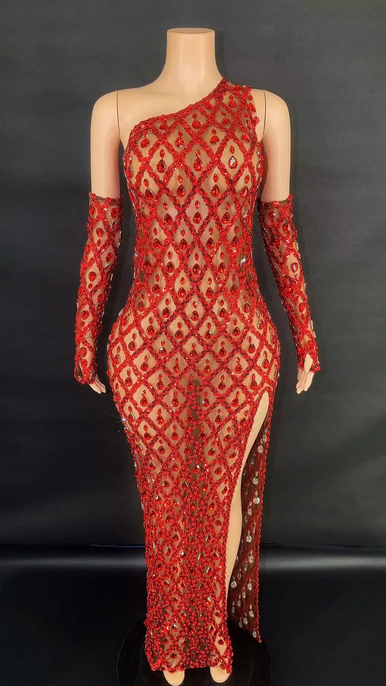 Sparkly Rhinestones Red Long Dress Sexy Mesh See Through Dresses Evening Party Photo Shoot Nightclub Outfit Stage Costume