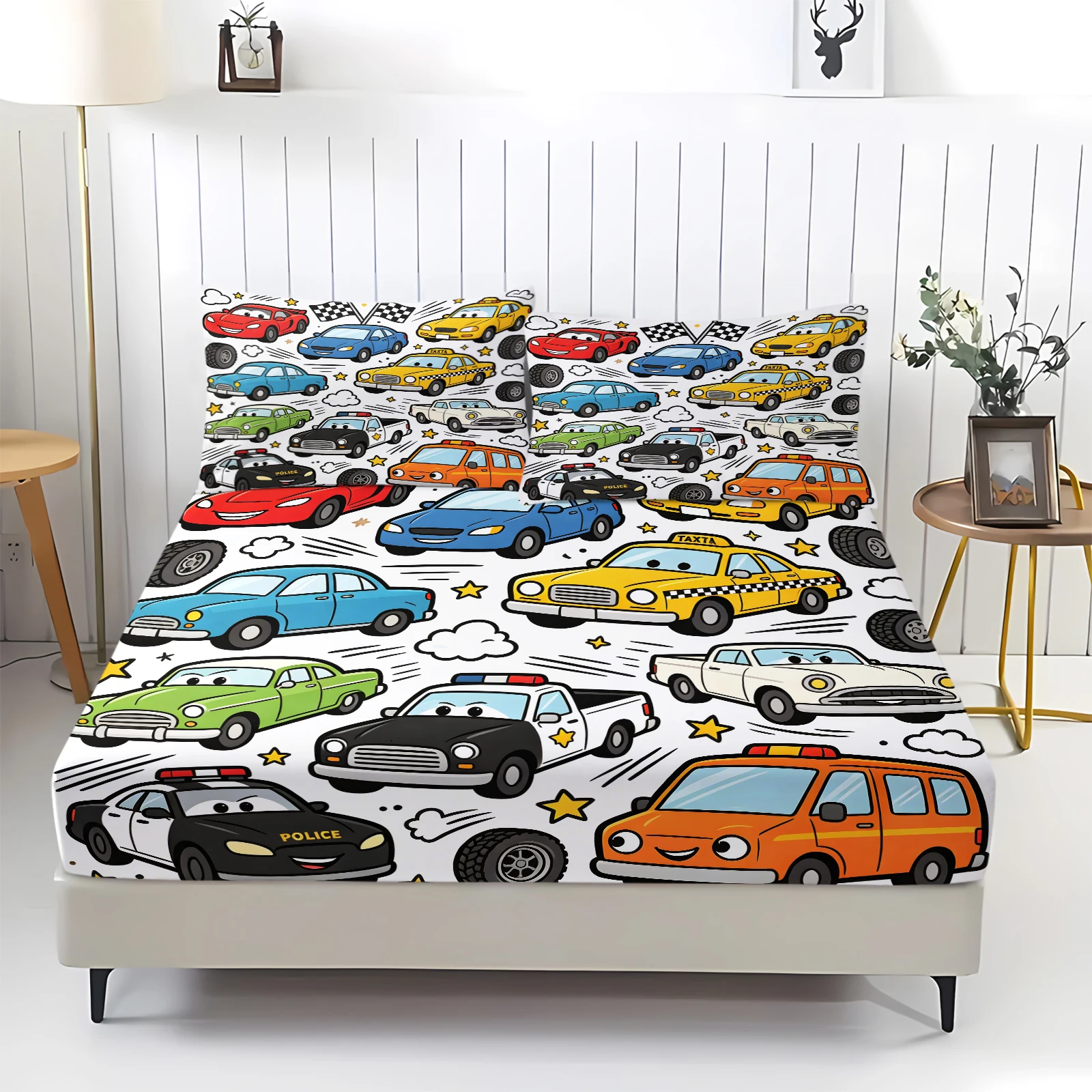Cartoon Vehicle Print Fitted Sheet Set Full Surround Elastic Deep Pocket Mattress Cover Taxi Police Car Race Car Pattern Bedding