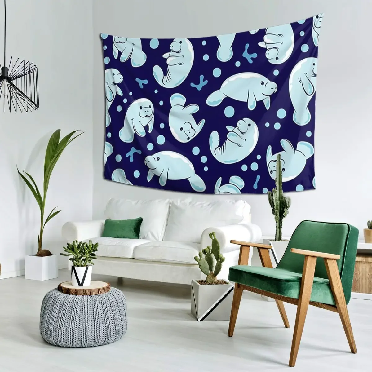 Cute Manatee Pattern - Blue Underwater Pattern Tapestry Art Wall Hanging Home Tapestries for Living Room Bedroom Dorm Room