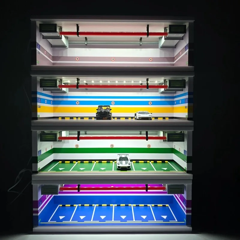 1:64 Car Model Underground Parking Scene Model Showroom Dust-proof Acrylic Storage Cabinet Simulated Garage Parking Space
