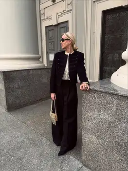 Chic Black Round Neck Napoleon Military Jacket Women Casual Full Sleeve Buttons Cropped Slim Coat 2026 Lady Daily Street Jackets 3