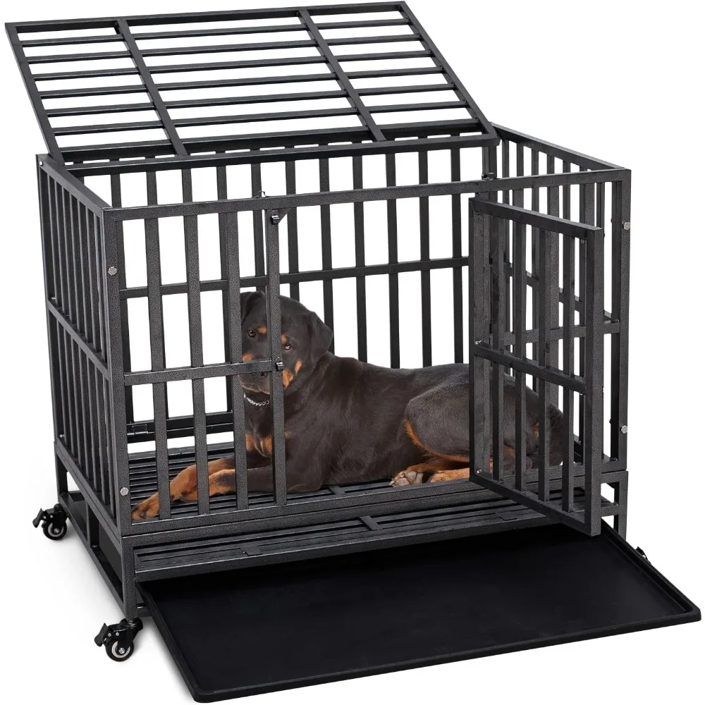 Heavy and indestructible metal dog cage, used for large dogs, anti escape dog cage with wheels, detachable tray, free shipping