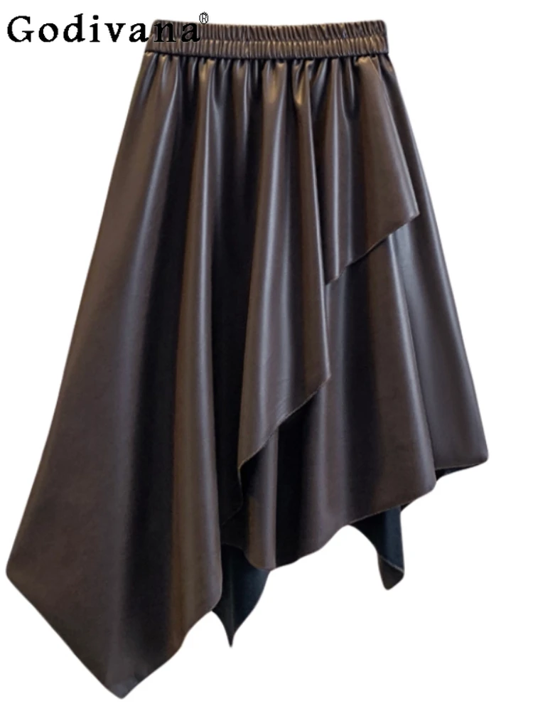 

Large Size Women Autumn New Temperament Irregular Leather Elastic Waist Skirt Fashion A-line Black Chic Korean Street Skirts