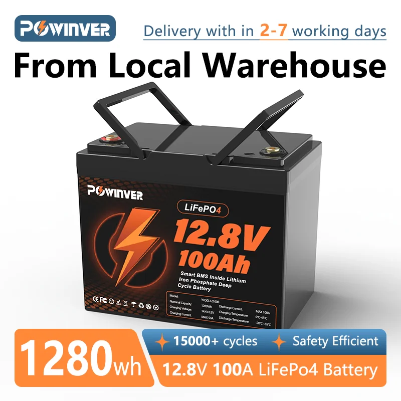 Batterie LiFePO4 POWINVER 12V 100Ah, batterie lithium 12.8V, plus de 15000 cycles avec BMS Grade A pour bateaux, camping-cars et caravanes