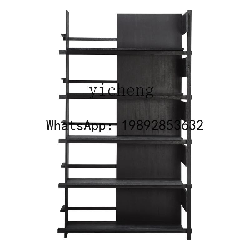 HT simple black solid wood study desk, bookshelf integrated against the wall, living room bookcase